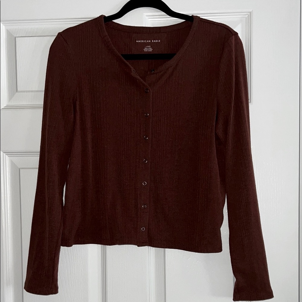 American Eagle Outfitters Women's Dark Brown Button-Down Shirt